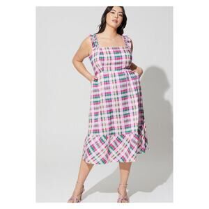Torrid Pink&Green Plaid Poplin Tiered Ruffle Strap Midi Dress Sz.4 NWT